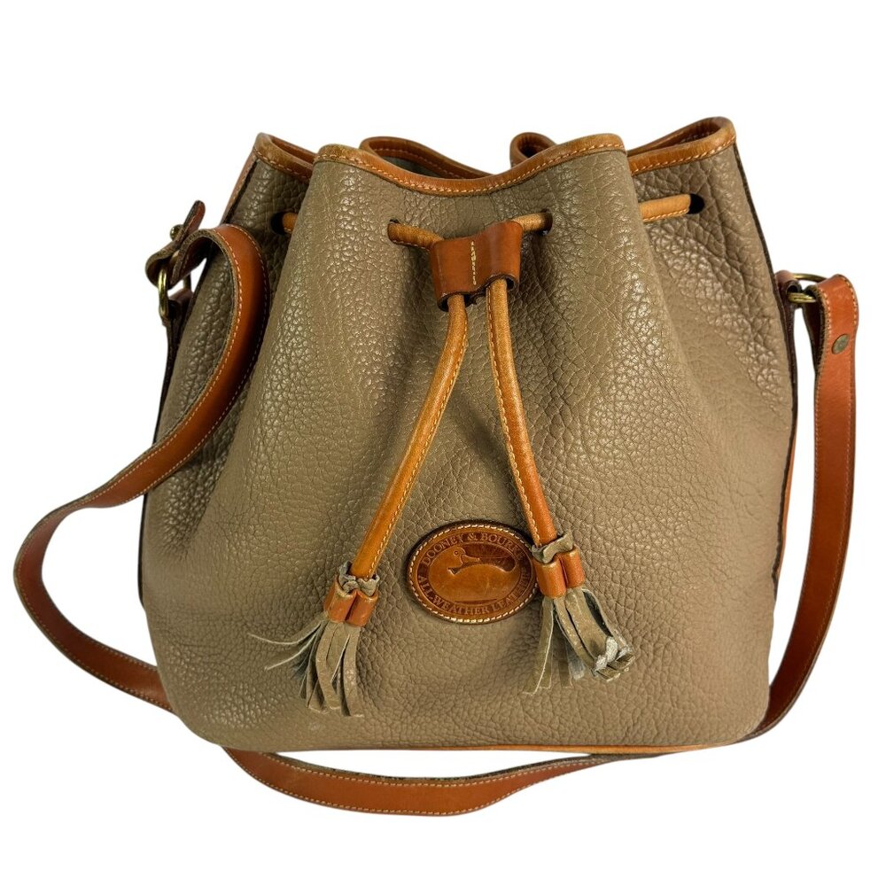 DOONEY & BOURKE Taupe and Tan Leather Drawstring Bucket Shoulder Bag